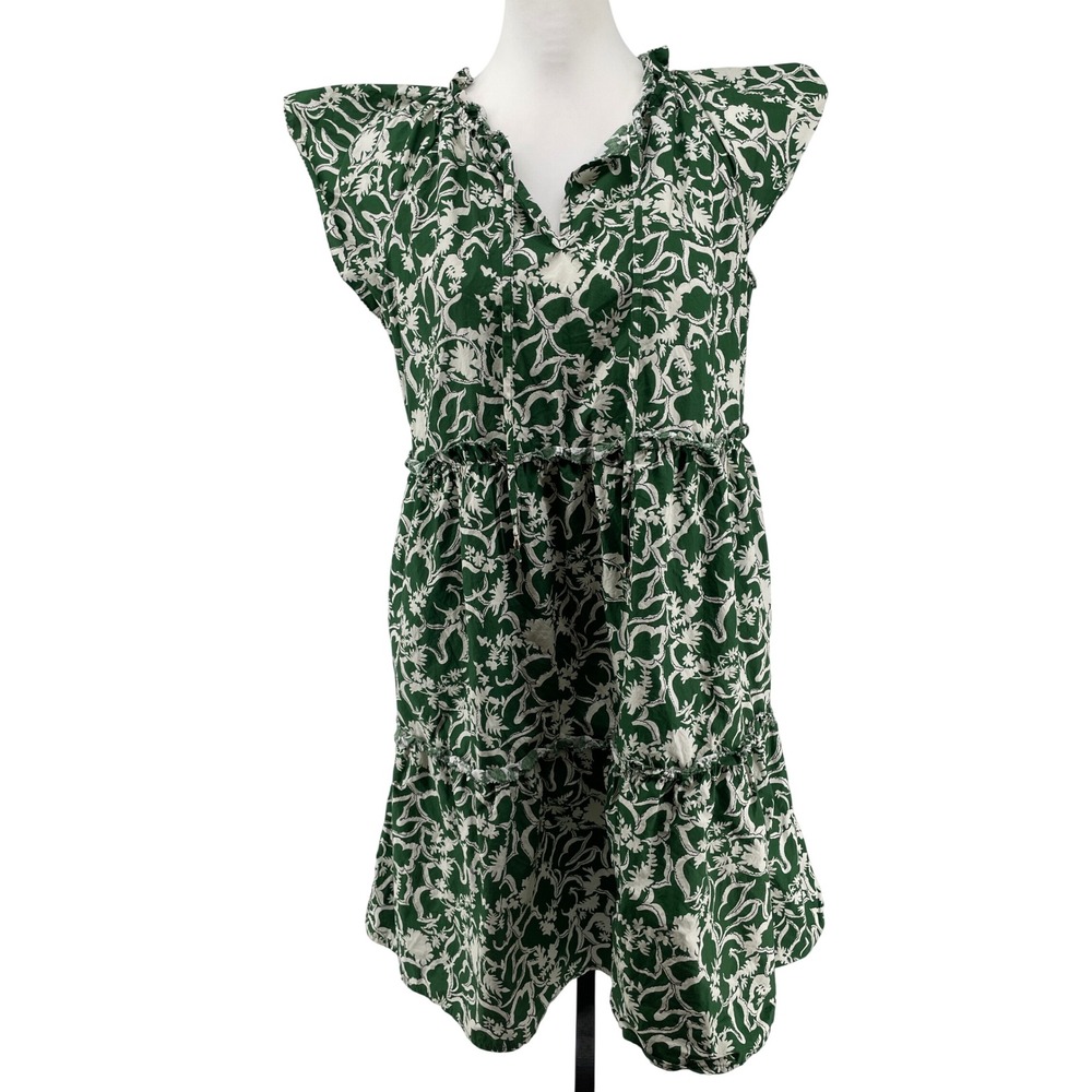 Tiered Ruffle Mini Dress Womens Medium Green Floral Garden Cottagecore Cotton